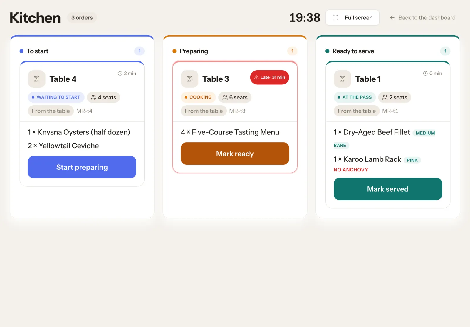 Kitchen screen with orders at the pass