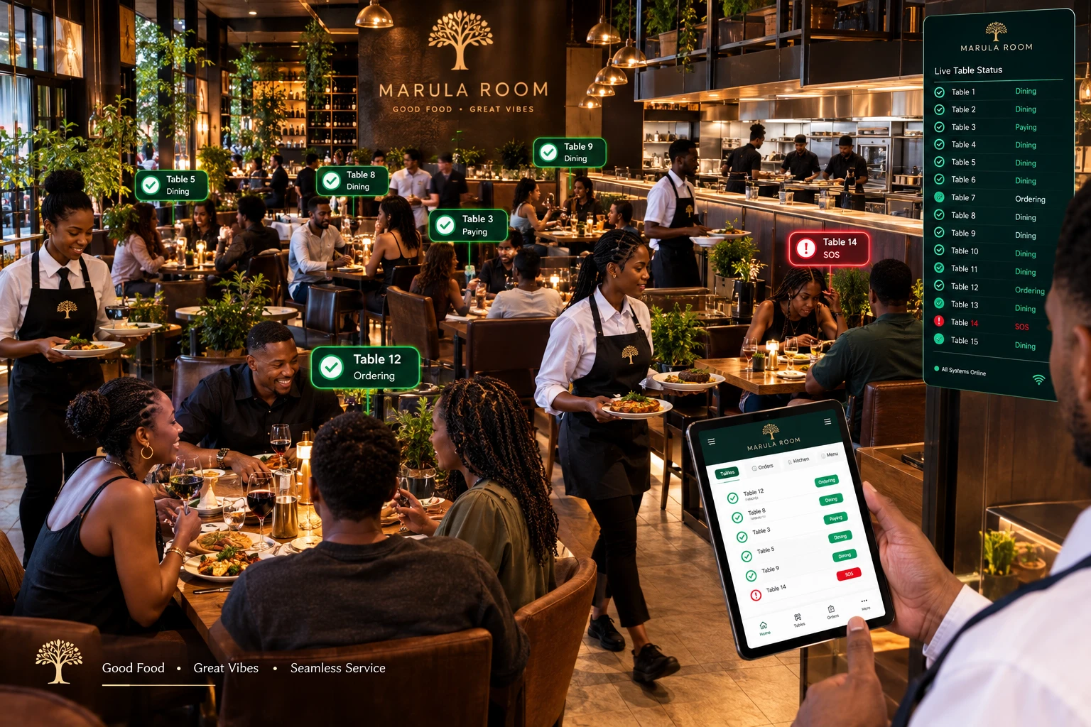 Restaurant floor plan showing live table status