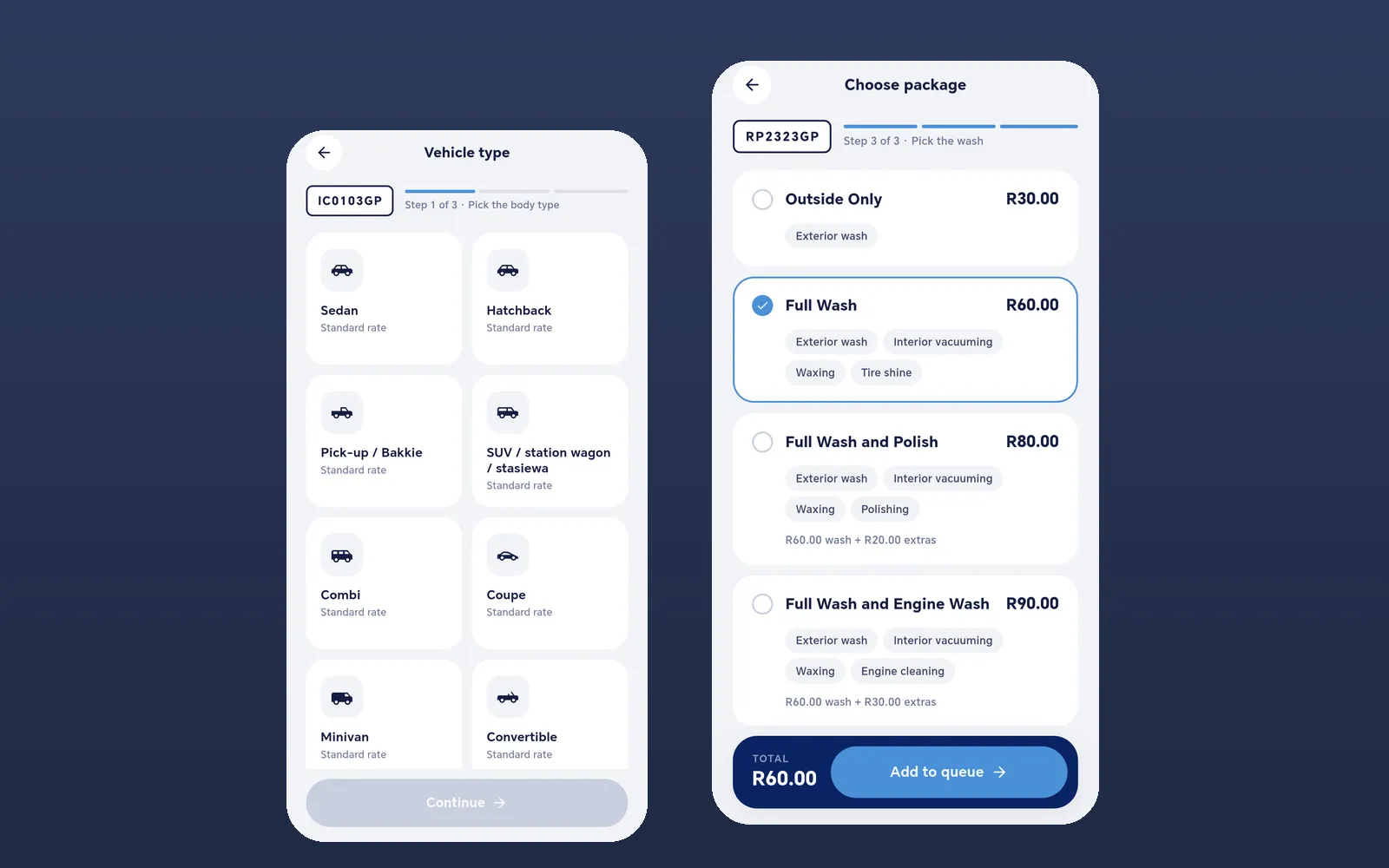 Probo Wash app: choosing a vehicle type and wash package